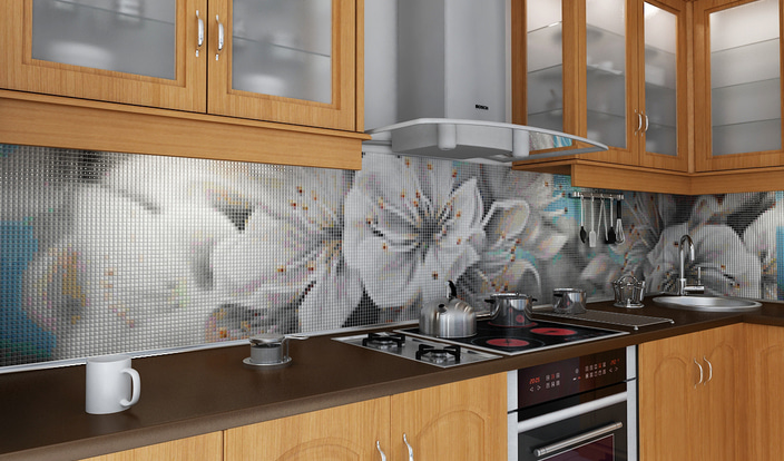 Панно из стеклянной мозаики «Весенняя вишня» на кухонном фартуке